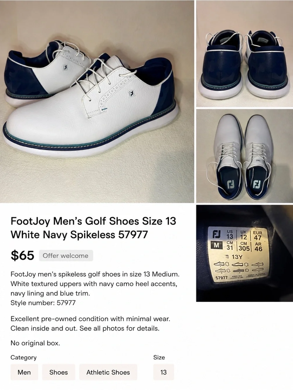 FootJoy Men’s Golf Shoes Size 13 White Navy Spikeless Casual 57977